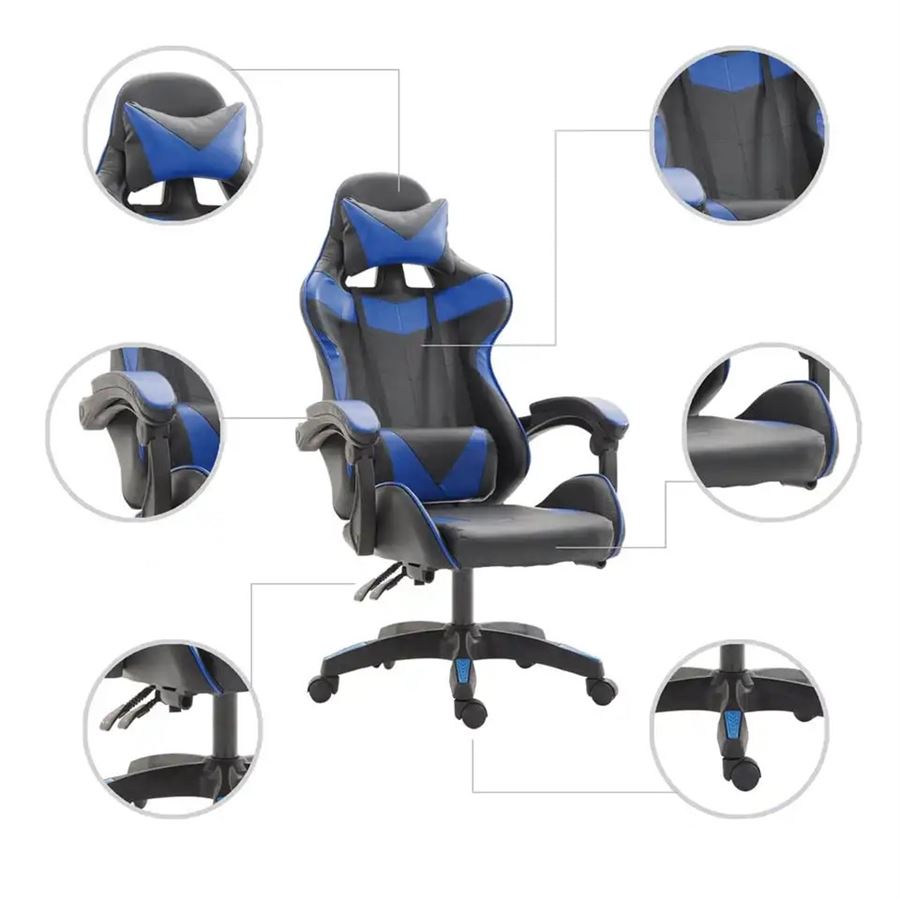 כיסא גיימרים איכותי דגם PRO7 עם שתי כריות תמיכה וגב גבוה בצבע כחול מתצוגה ועודפים